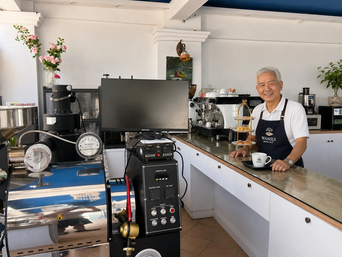 萬歲咖啡一日店長｜長者穿咖啡制服在吧台服務
